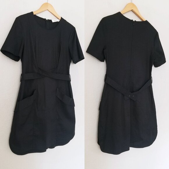 A.L.C. Linen Blend Twist Belted Mini Shift Dress 8 Short Sleeve Black Pocket LBD - Picture 14 of 15